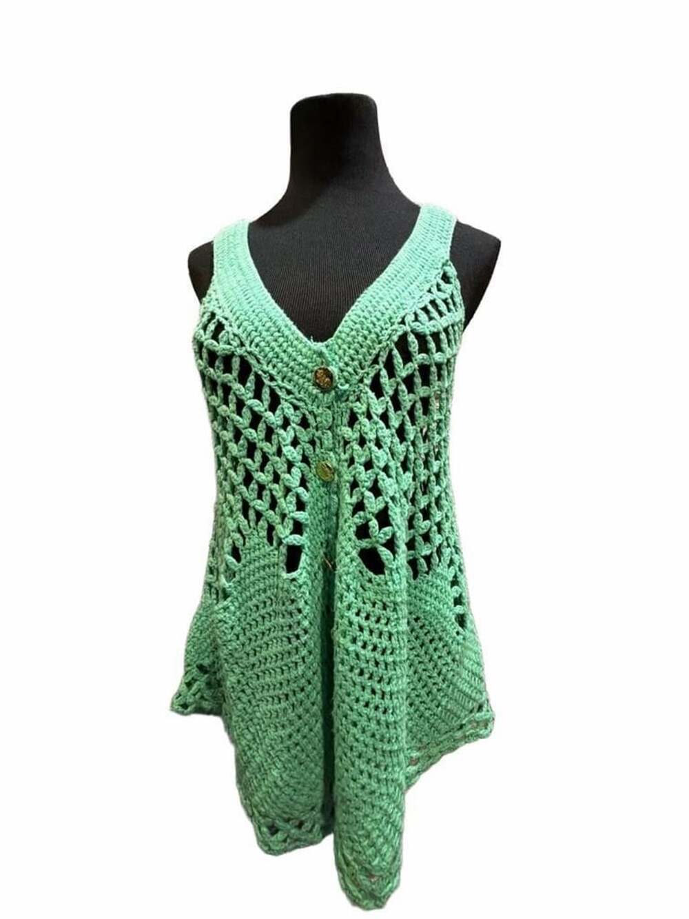753 Free People Crochet Vest Size M Mint Green Button Front